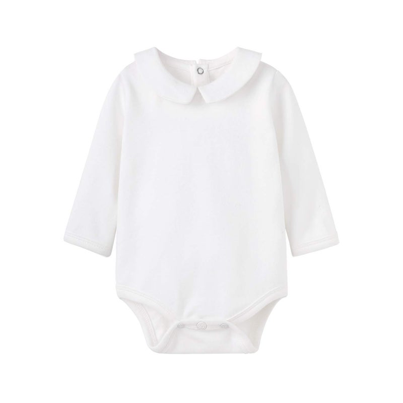 pureborn Baby Boy Girl Long Sleeve Cotton Bodysuit Spring Fall Peter Pan Collar Romper Solid White 3-6 Months - Image 1